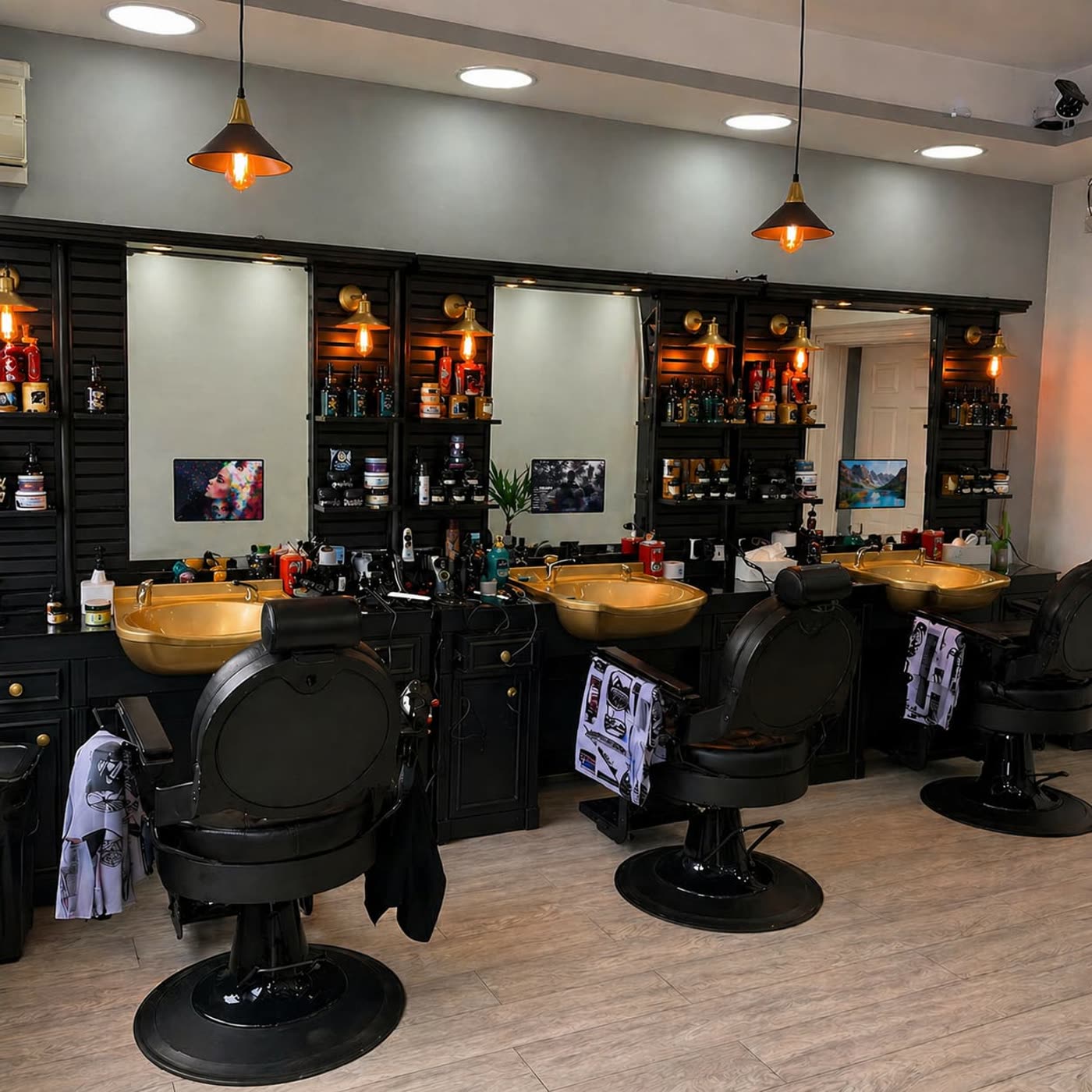 Barbershop with a screen built into the mirror above the styling station